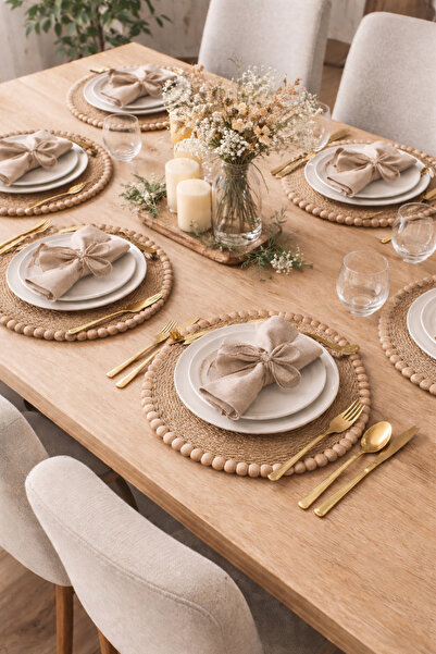 ecrella 2’li Hasır Supla Seti Boncuklu Kenar Jüt Fiyonklu Amerikan Servis