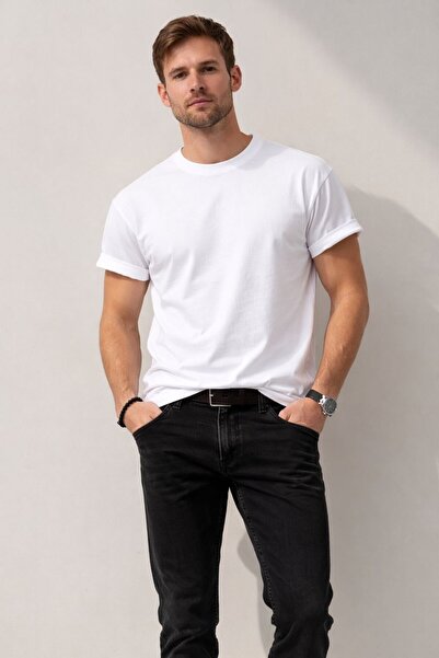 BOLD %100 Pamuk Oversize Geniş Kalıp Bisiklet Yaka Basic Kol Katlı Düz Kısa K...