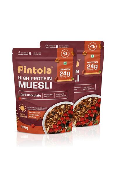 Pintola موسلي غني بالبروتين بنكهة الشوكولاتة الداكنة 400 غرام (عبوة من قطعتين)