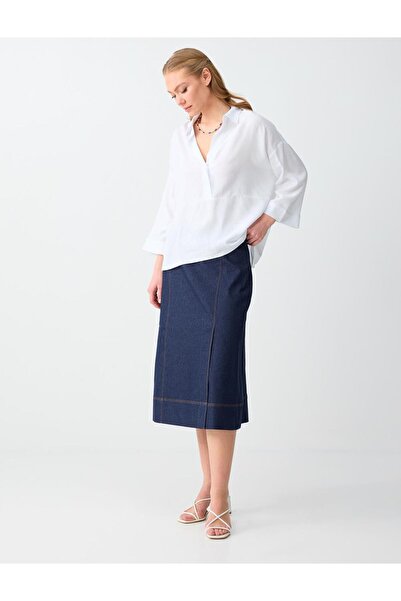 Jimmy Key Dark Indigo Blue High Waist Relaxed Fit Midi D Woven Skirt