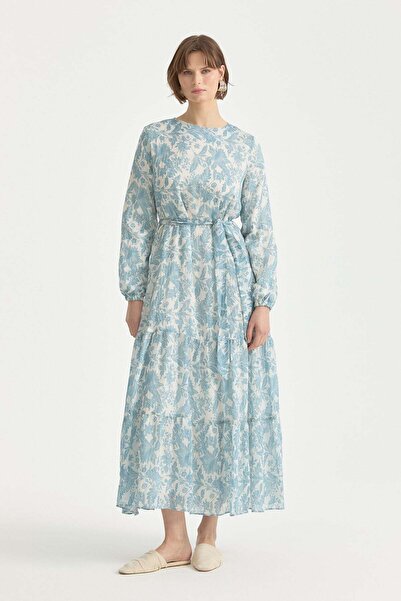 Nihan Büzgü Detaylı Desenli Lyocell Elbise Açık Mavi