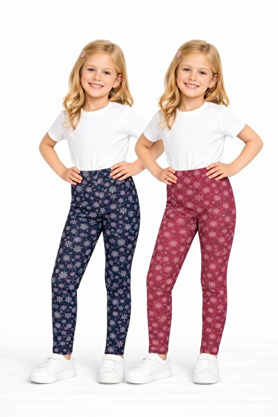 İncili Kız Çocuk Şardonlu Baskılı Tayt 2’li Set – Siyah & Bordo Yumuşak Dokul...