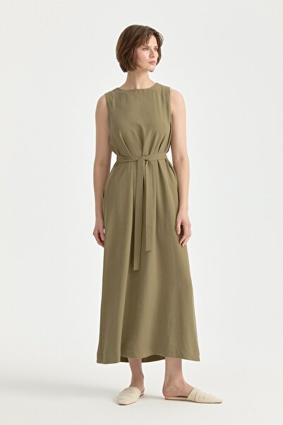 Nihan Kolsuz Kuşaklı Modal Basic Elbise Haki