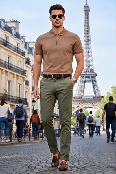 Maccali Muška trendi široka smeđa polo majica sa polupatentnim zatvaračem