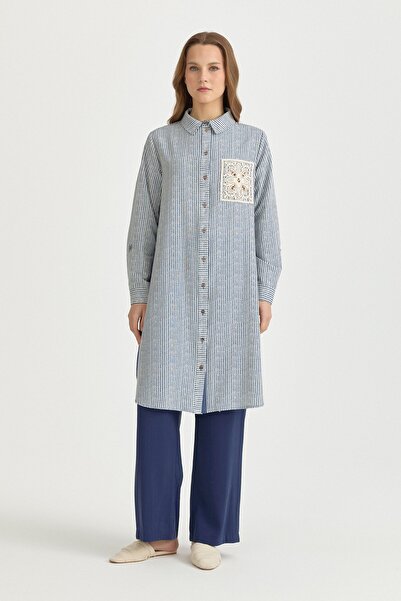 Nihan Büyük Beden Nakış ve Çizgi Kumaşlı Keten Tunik İndigo