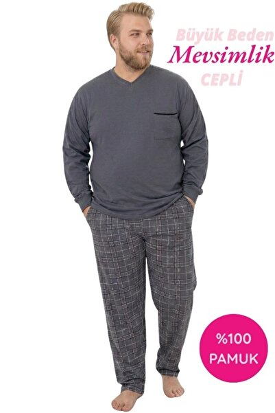 bie's Men's Gray Big Size Patterned 100% Cotton Transitional Wide Fit Long Sl...