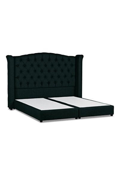 Back House إطار سرير منجد من رويال كتان مع لوح أمامي وقاعدة مربعة - أخضر داكن