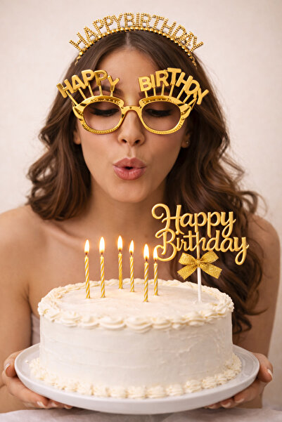 PARTİPORT Happy Birthday Gözlük Taç ve Pasta Süsü 3’lü Doğum Günü Parti Seti