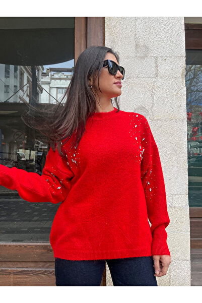 ABBRA Ženski okrugla kragna džemper sa otvorenim ramenima Sa kamenčićima