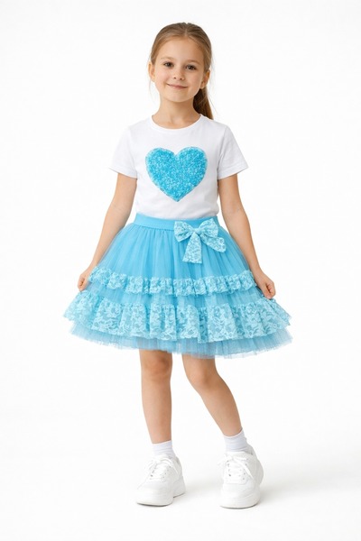Nacar Kız Çocuk Fiyonklu Tüllü Etekli Takım 23 Nisan 29 Ekim Gösteri Kıyafeti