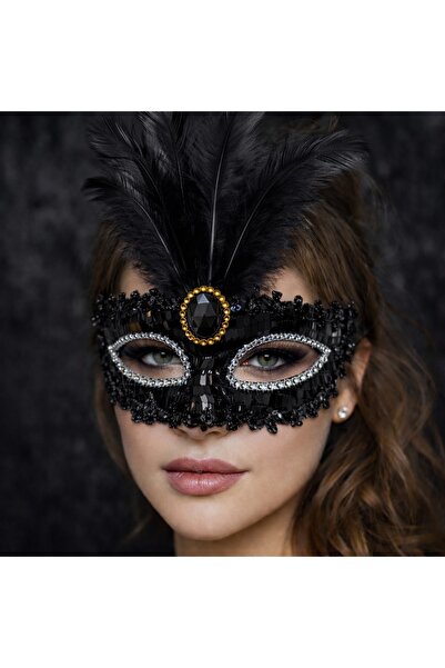 TEKNO Lüks Siyah Tüylü Taşlı B Maskesi