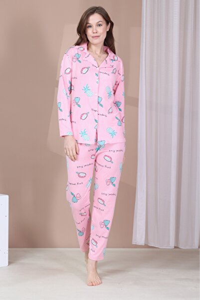 BARAY TEKSTİL Kadın Milan Kumaş Tropikal Desenli Önden Düğmeli Pijama Takımı