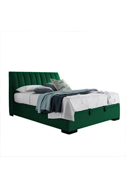 Back House إطار سرير منجد مخمل مع لوح أمامي وقاعدة صندوقية - أخضر داكن