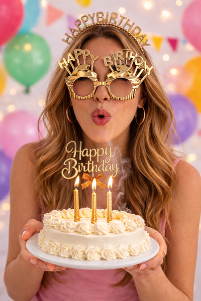 PARTİPORT Happy Birthday Gözlük Taç ve Pasta Süsü 3’lü Doğum Günü Parti Seti