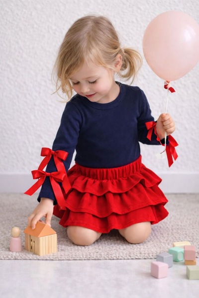 tunays shopping بلوزة بأكمام طويلة للفتيات تفاصيل فيونكة مع تنورة متعددة الطب...