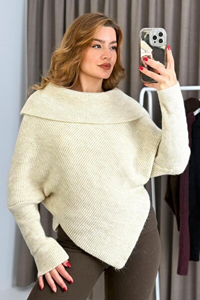 Raneel Kazançlı Alışveriş Women's Asymmetrical Cut Bat Sleeve Sweater Beige