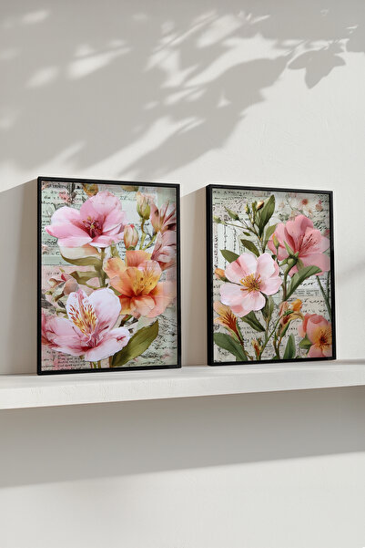 STARYUNA Black Wooden Framed Pink Floral Vintage Design Double Painting Set Y...