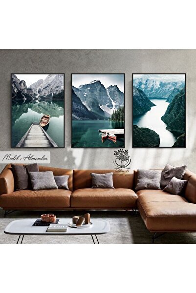 Tablomtr Almendra- Dijital Baskılı Siyah Metal Çerçeveli Gerçek Camlı 3'lü De...