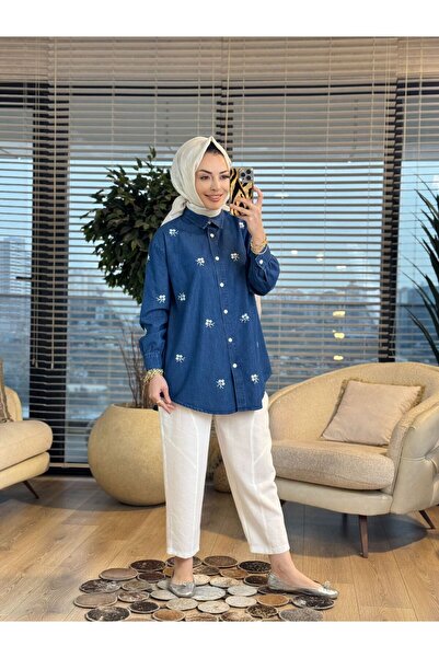 ALANURMODA 7476 Tencel Üstü Çiçek Nakışlı Gömlek