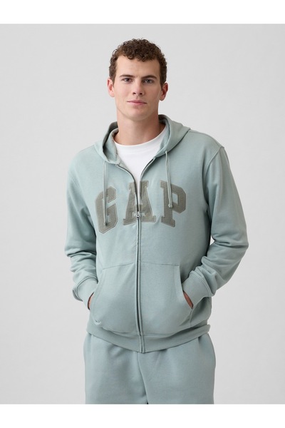 GAP Erkek Açık Yeşil Relaxed Logo Fransız Havlu Kumaş Fermuarlı Sweatshirt