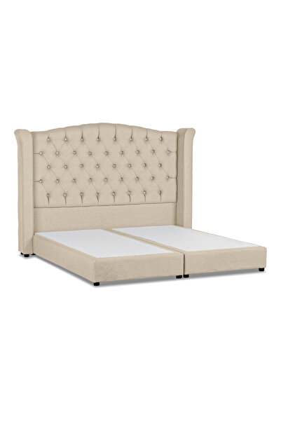 Back House إطار سرير منجد من رويال كتان مع لوح أمامي وقاعدة مربعة - بيج فاتح