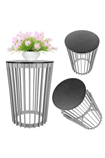 KADAX Masă de cafea rotundă gri, coș mic de grădină, pentru balcon, cu model ...