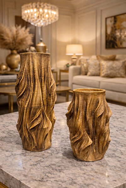 İSHTAR DEKOR Decorative 2-Piece Holy Vase - Wooden Color - 27X19 cm