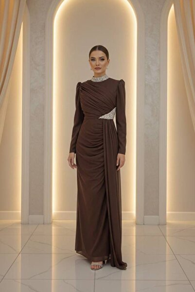 hakimoda Heli̇na Chiffon t Tulle Evening Dress Brown