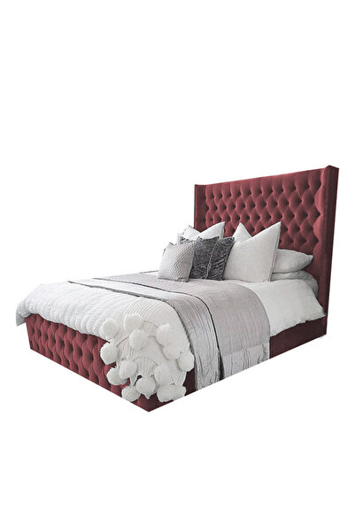 Back House إطار سرير مخمل منجد بالمخمل مع لوح أمامي وقاعدة مربعة - وردي داكن
