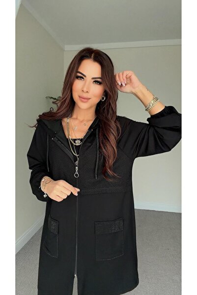 DİDEM GÜLTAKTI Main Kadın Hooded Mesh and Pocket Detail Black Cardigans