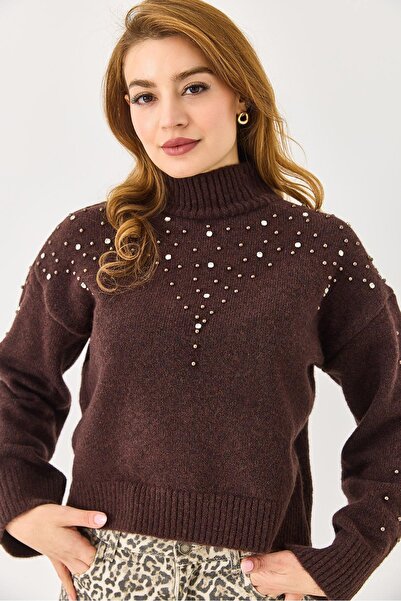 Raneel Kazançlı Alışveriş Women's turtleneck knit sweater with stone and pear...