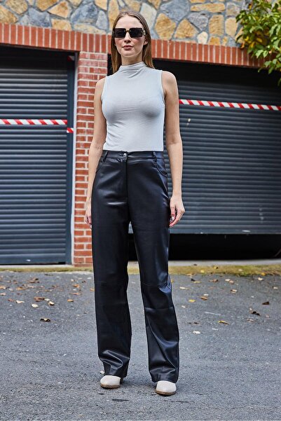 Raneel Kazançlı Alışveriş Women's Wide-Leg Full Fit Leather Pantalon