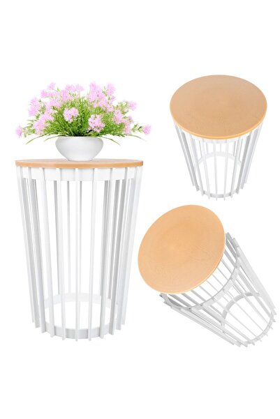 KADAX Masă de cafea rotundă, albă, cu coș mic de grădină, pentru balcon, cu m...