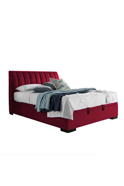 Back House إطار سرير منجد مخمل مع لوح أمامي وقاعدة مربعة - بورغندي