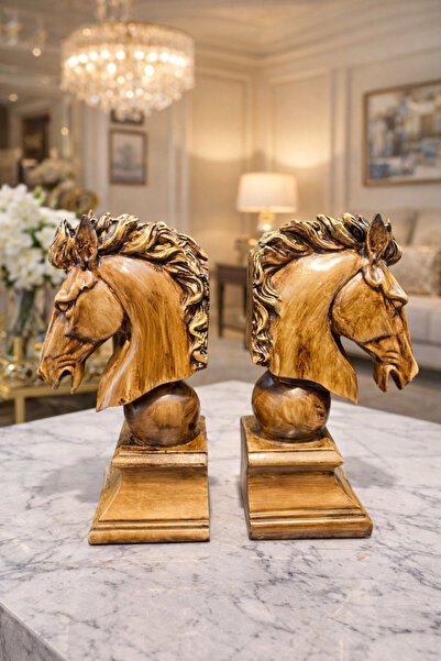 İSHTAR DEKOR Decorative 2-Piece Horse Book Holder - Wood Color - 14*26 cm