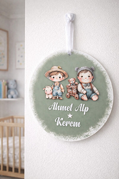 Güler Kaligrafi Kişiye Özel 30 Cm İkiz Bebek Odası Kapı Süsü Duvar Süsü