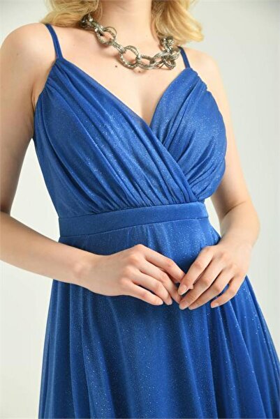 Dipmoda Rochie de seară lungă, argintie, cu bretele și detaliu cu fante, pent...