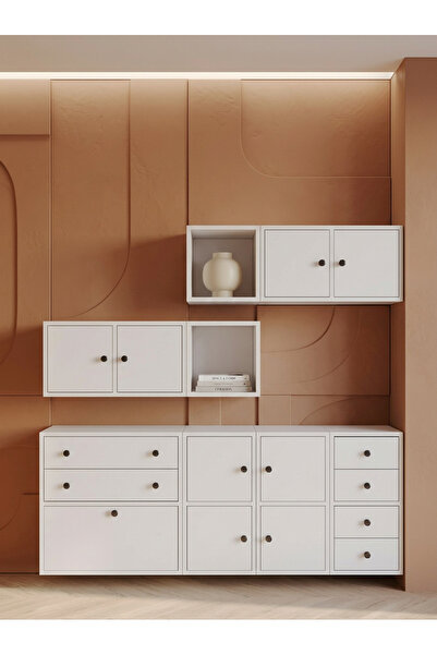 FOR WOMAN DESİGN Ahşap Modern Çok Amaçlı Duvar Ünitesi 9 Kapaklı 6 Çekmeceli ...