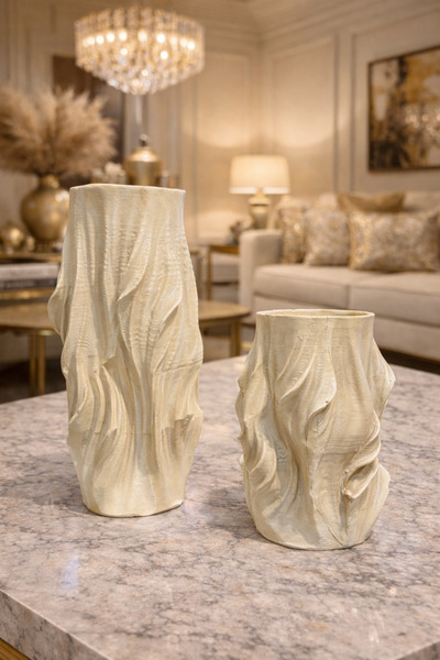 İSHTAR DEKOR DEKORATİF 2'Lİ HOLY VAZO - TRAVERTEN RENK - 27X19 CM