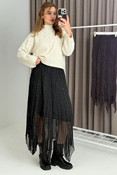 Raneel Kazançlı Alışveriş Kadın Taş Detaylı Tüllü Astarlı Şık Etek Siyah