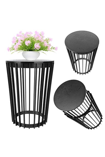 KADAX Masă de cafea rotundă neagră, coș mic de grădină, pentru balcon, cu mod...