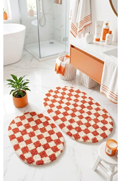 EUROBANO Chess Dama Patterned 2-Pack Oval Bohemian Bath Mat Latex Non-Slip Ma...