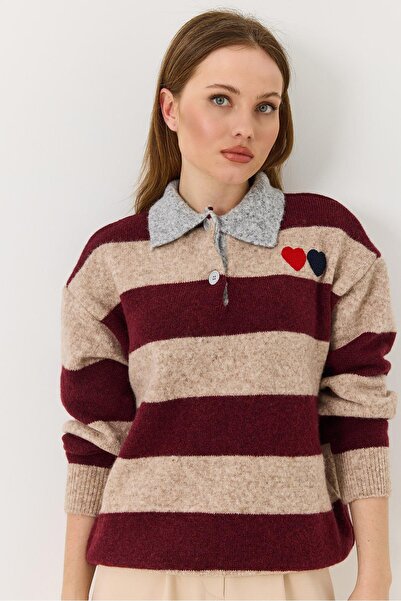 Raneel Kazançlı Alışveriş Heart Embroidered Striped Collared Sweater Mink