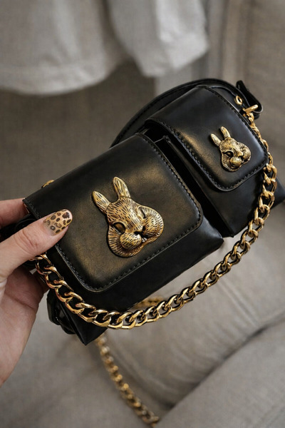 Melos Butik Kadın Siyah Sincap Aksesuar Detaylı Tasarım Mini Baget Çapraz Çanta