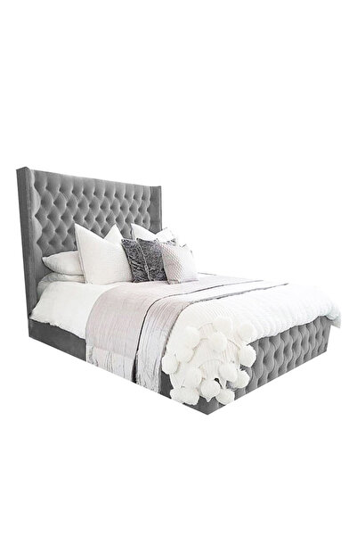 Back House إطار سرير منجد مخمل إمباير مع لوح أمامي وقاعدة مربعة - رمادي