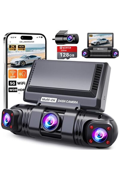 ERTR Wireless dash cam, 4 channels, 2K + 3×1080P, Wi-Fi with app, 360° shooti...