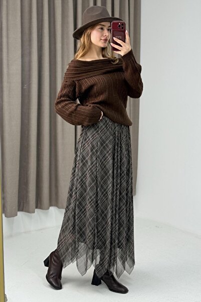 Raneel Kazançlı Alışveriş Women's Lined Elastic Waist Plaid Chiffon Skirt