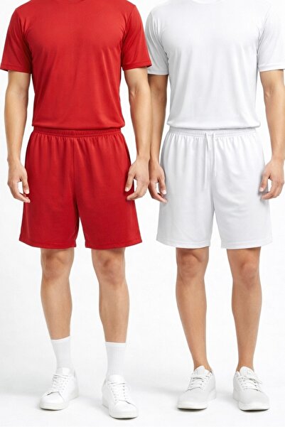 Özgü Spor Giyim İkili Paket Beyaz-Kırmızı Spor Antrenman Futbol Şortu Cepsiz
