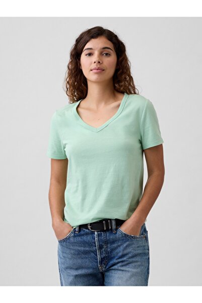 GAP Kadın Açık Yeşil V Yaka T-Shirt