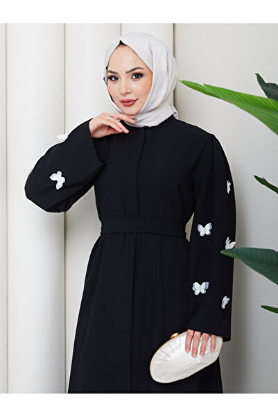 MY QILAM Women's Tesettür Clothing Abaya Ferace Long Dress with Butterfly Emb...